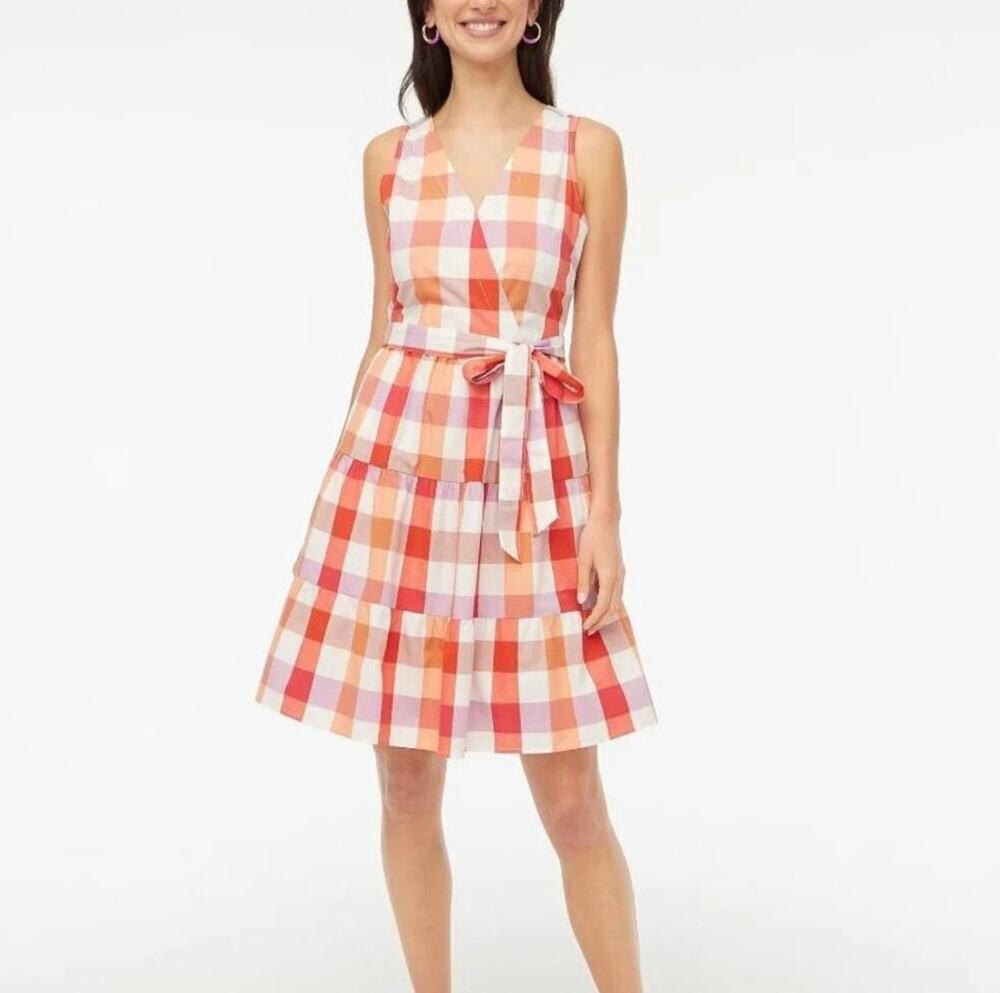 J.Crew Pink Orange Gingham Wrap Tiered Mini Dress Cottagecore Size 6